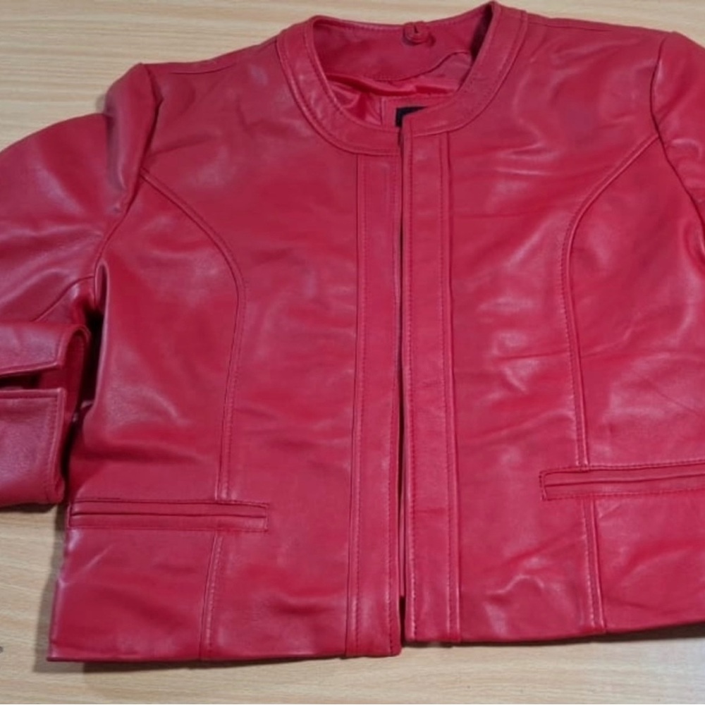 Custom made red leather cropped jacket